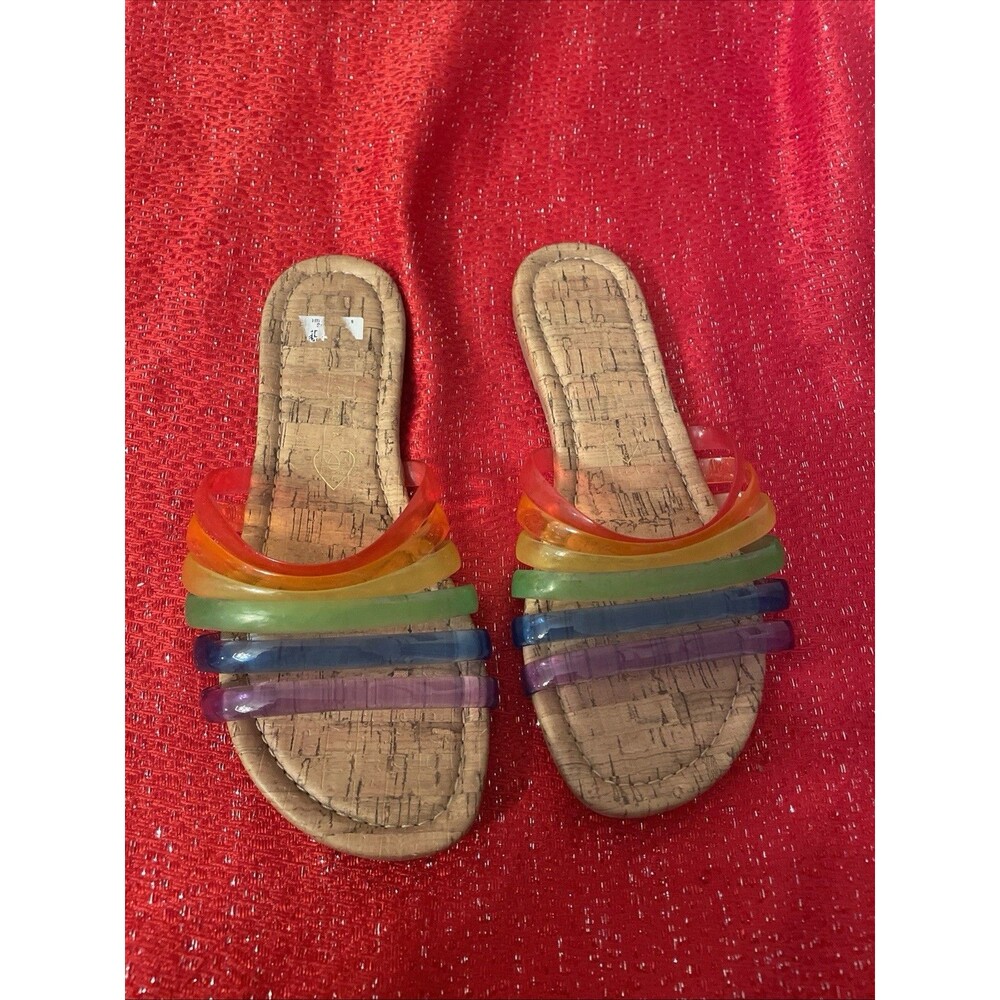 BC Footwear Rainbow Jelly Strap Cork Sandals Slides Vegan Size 6
